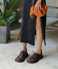 Retro Splicing Flat Shoes For Lace Up Chocolate Cowhide Leather Flat Shoes