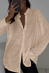 Sequin Lapel Long Sleeve Loose Shirt