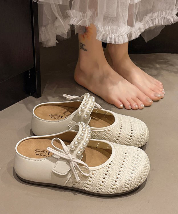 Beige Knit Breathable Splicing Nail Bead Platform Slide Sandals