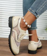 Simple White Lace Up Tulle Splicing Faux Leather Flats