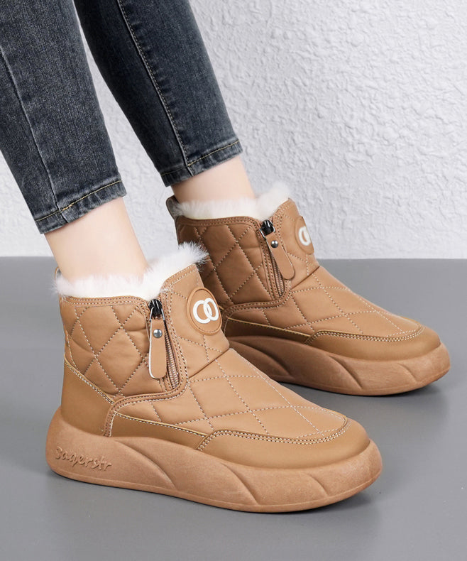 Casual Splicing Platform Boots Khaki Fuzzy Wool Lined