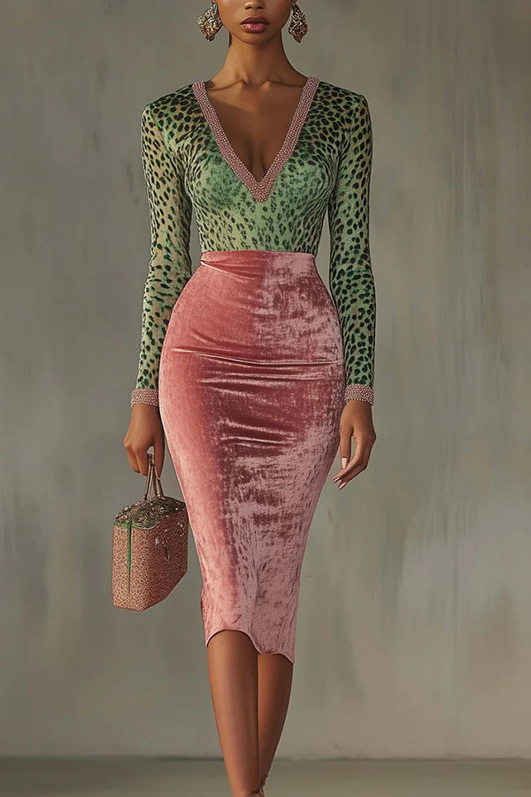 Velvet Patchwork Stretch Slim Midi Dress