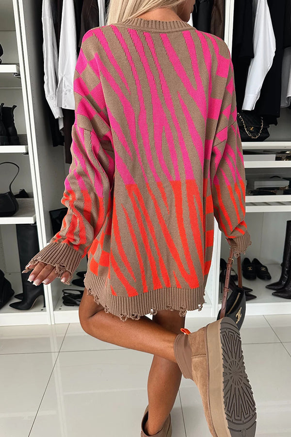 Knit Zebra Geometric Pattern Frayed Hem Loose Sweater