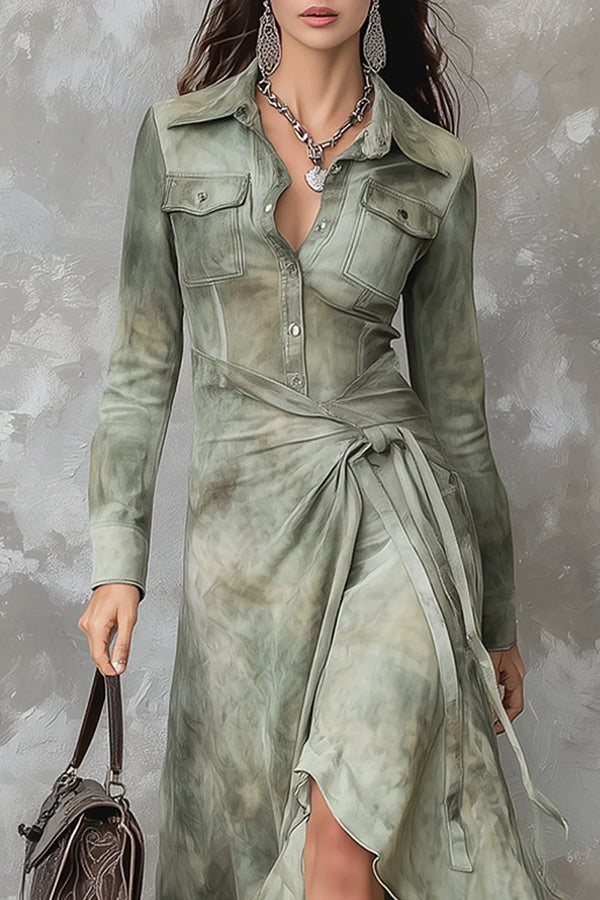 Tie Dye Long-sleeved Slim-fit Tie-waist Irregular Maxi Dress