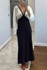 Lainei Contrast Color Satin Lace Trim V-neck Long Sleeve Maxi Dress