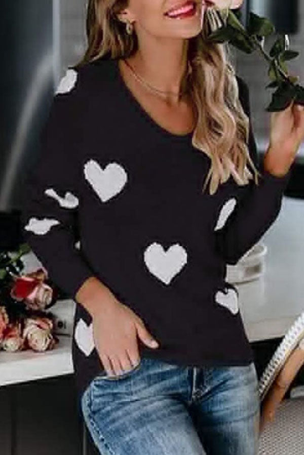 Color-blocked Heart-patterned Long-sleeved Loose Knit Sweater