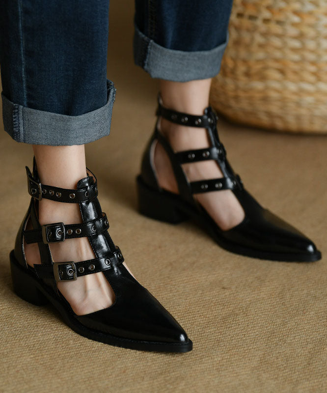 Pointed Toe Zippered Splicing Chunky Sandals Black Cowhide Leather