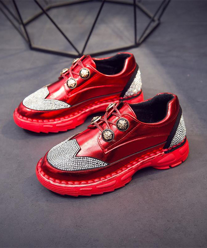Red Faux Leather Zircon Lace Up Splicing Flat Feet Shoes