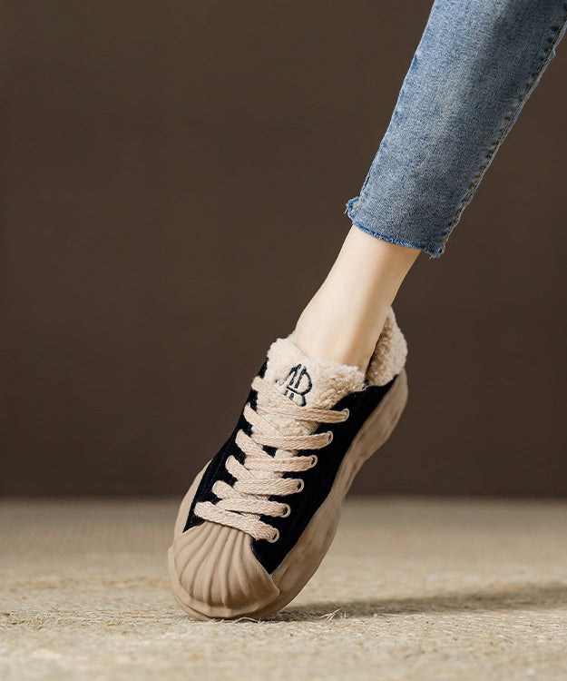 Black Suede Splicing Lace Up Flats Fuzzy Wool Lined