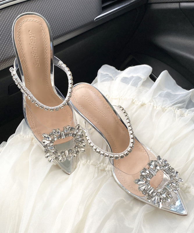 Silver Clear High Heel Sandals Pointed Toe Unique Splicing Zircon