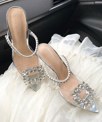 Silver Clear High Heel Sandals Pointed Toe Unique Splicing Zircon