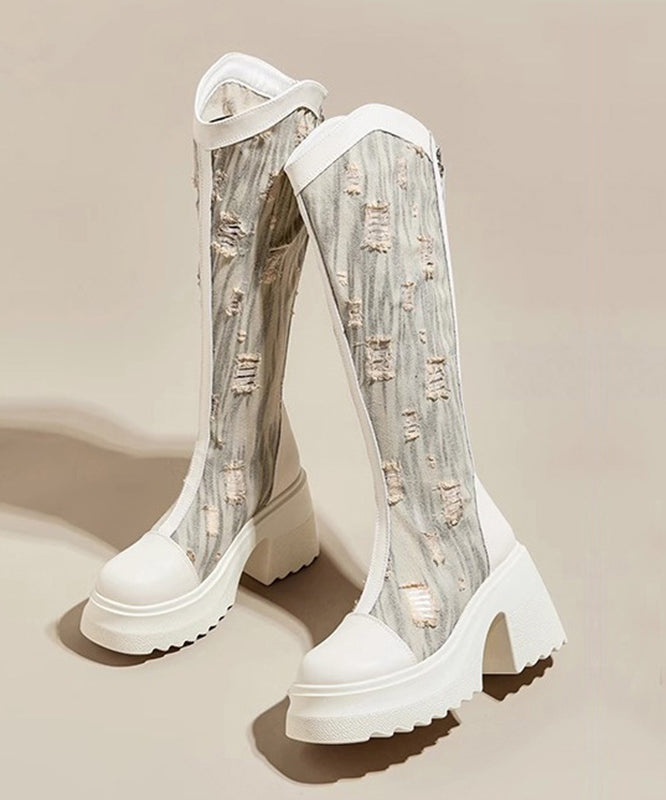 Black Cotton Zipper Splicing Hollow Out Chunky Cowboy Boots