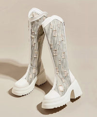 Black Cotton Zipper Splicing Hollow Out Chunky Cowboy Boots