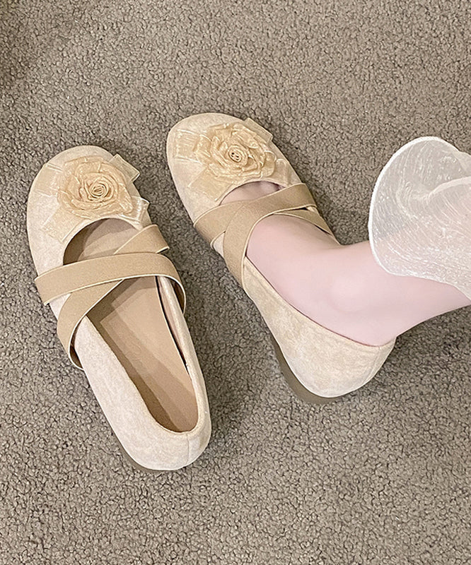 Apricot Cross Strap Floral Splicing Suede Flat Feet Shoes