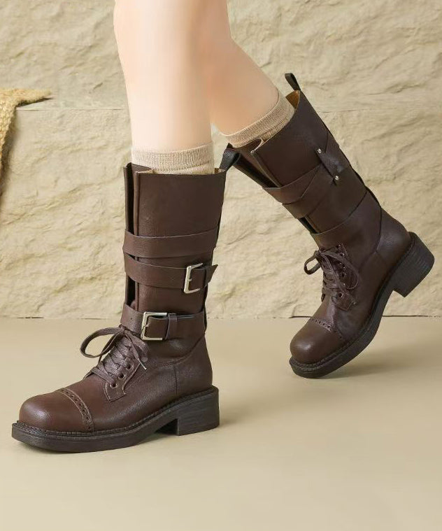 Handmade Splicing Chunky Boots Brown Faux Leather