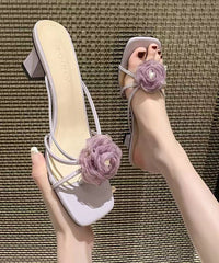 Splicing Floral Chunky Heel Purple Slide Sandals