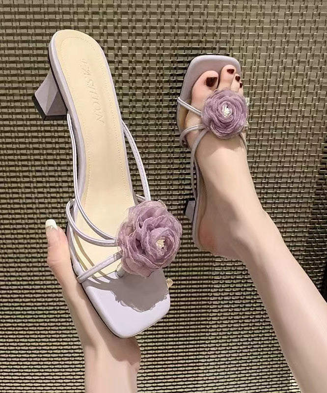 Splicing Floral Chunky Heel Purple Slide Sandals