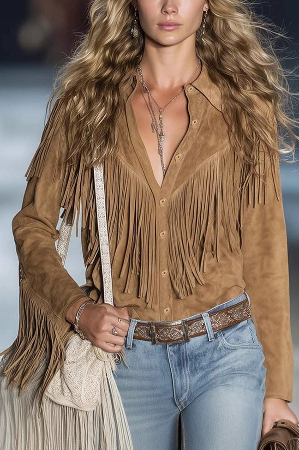Lapel Long-sleeved Casual Tassel Suede Jacket