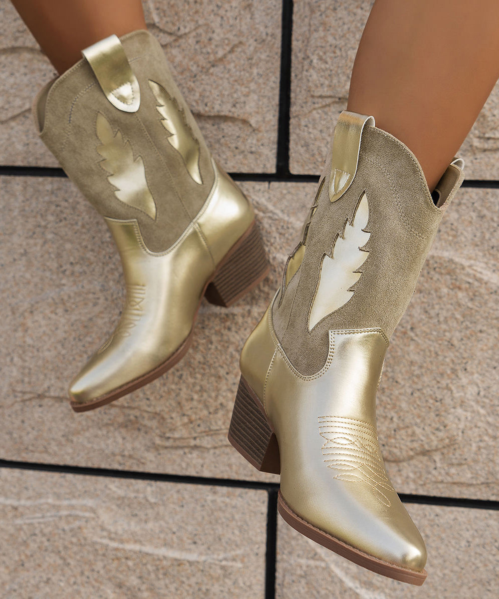 New Brown Pointed Toe Suede Splicing Faux Leather Chunky Boots