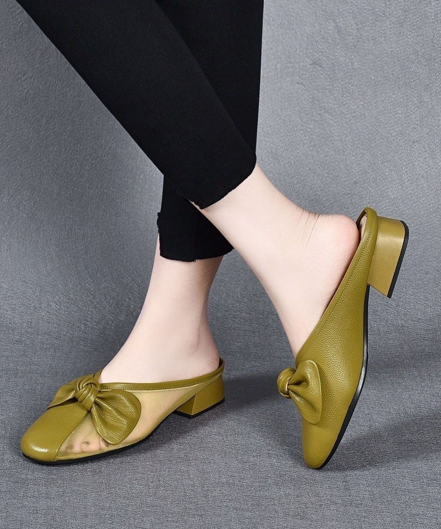 Yellow Slide Sandals Chunky Faux Leather Tulle Splicing Bow