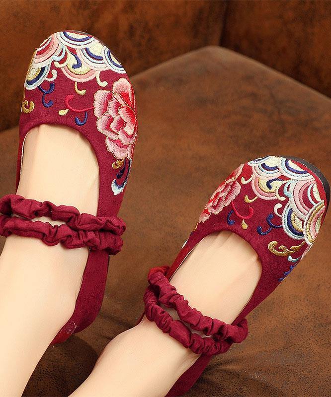 Red Embroideried Cotton Linen Fabric Flat Shoes Lace Up Flat Shoes