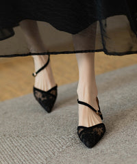 Splicing High Heel Sandals French Black Tulle Pointed Toe