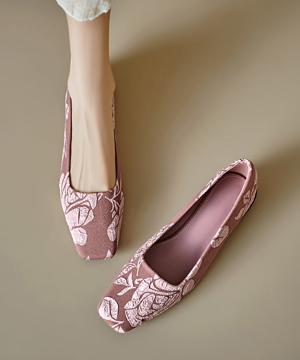 Pink Cotton Fabric Vintage Splicing Flats Embroidered