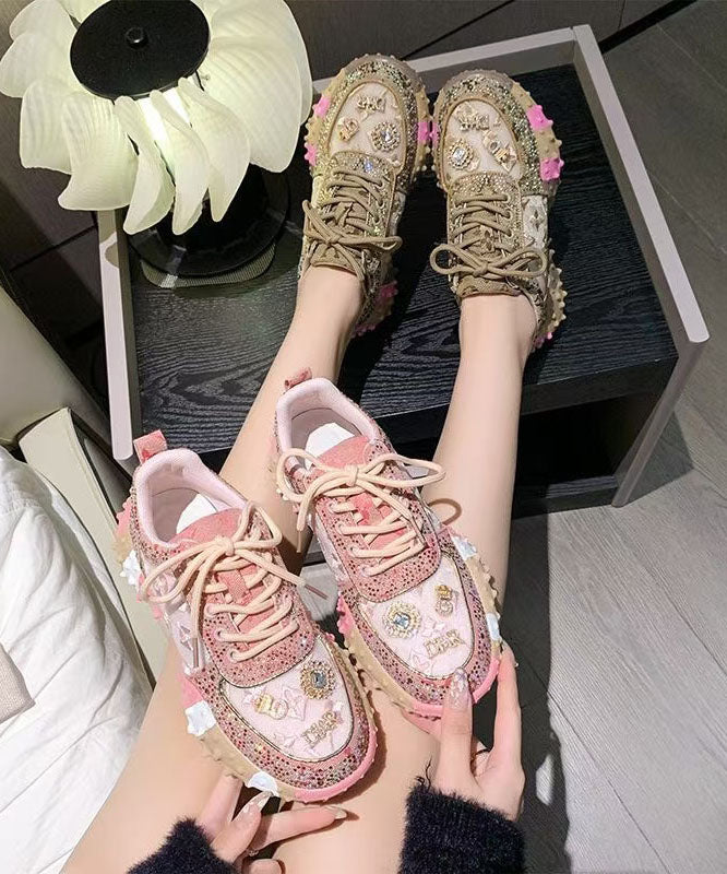 Pink Mesh Breathable Zircon Lace Up Sports Shoes