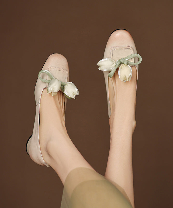 Elegant Green Bow Floral Splicing Cowhide Leather Flat Shoes