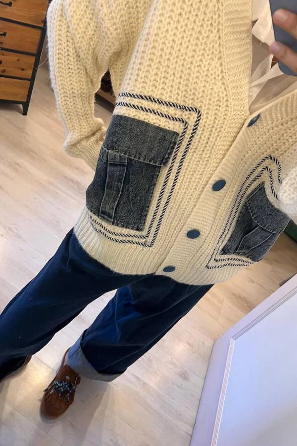 Loose Spliced denim Pocket Knitted Sweater Cardigan