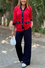 Color-blocked V-neck Knitted Button-down Cardigan and Elastic Waist Casual Wide-leg Pants Set