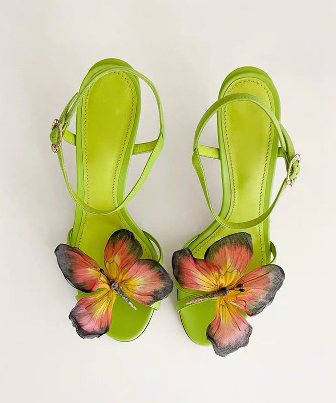 Green High Heels Cowhide Leather Sandals Splicing Butterfly