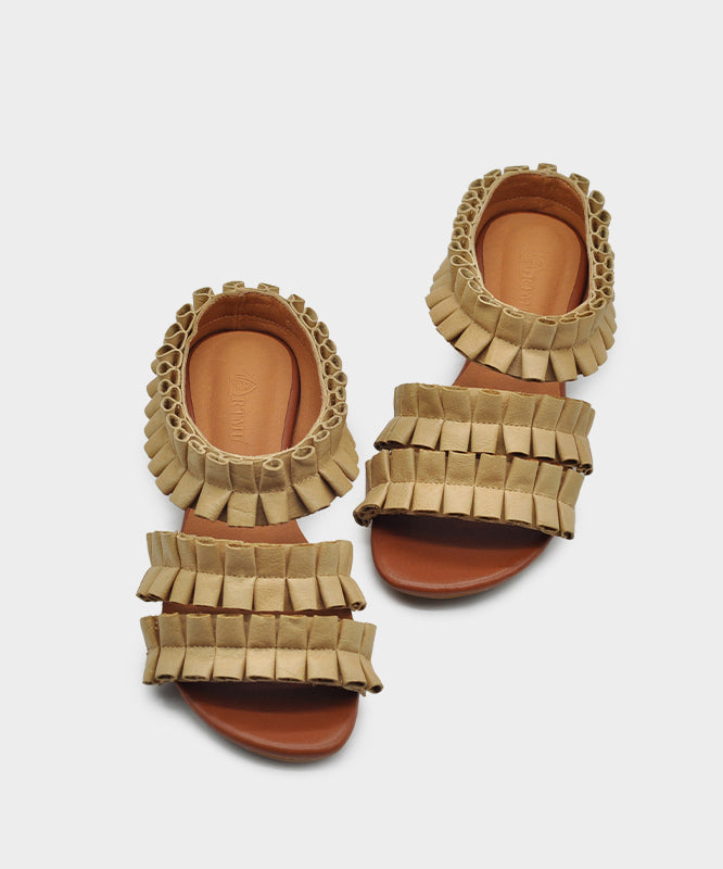 Apricot Cowhide Leather Splicing Slide Sandals Peep Toe