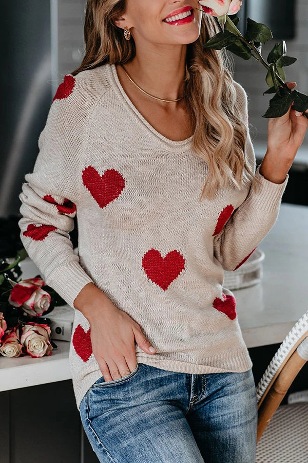 Color-blocked Heart-patterned Long-sleeved Loose Knit Sweater