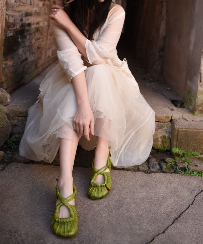 Splicing Sandals Green Cowhide Leather Hollow Out Cross Strap