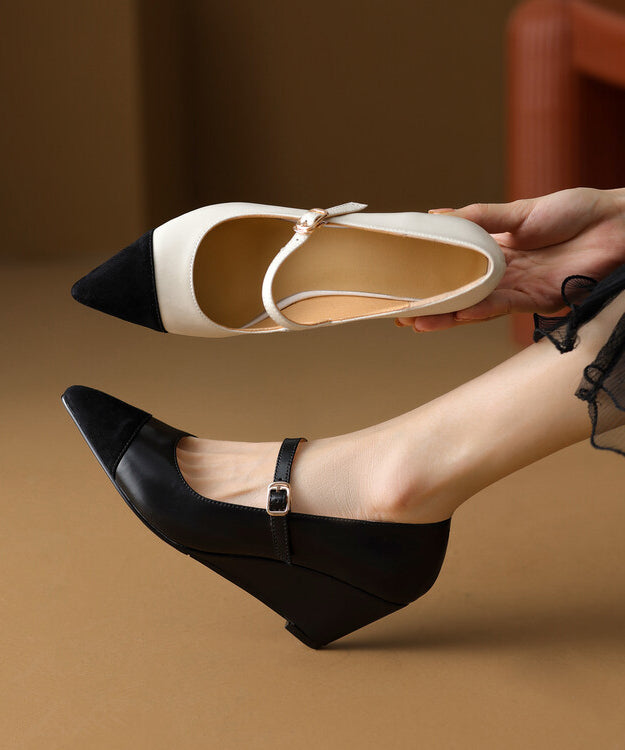Classy Black Cowhide Leather Wedge Heels Shoes Splicing Buckle Strap