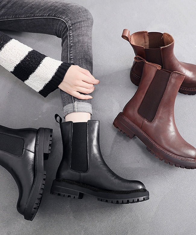 Brown Chunky Cowhide Leather Fitted Splicing Boots