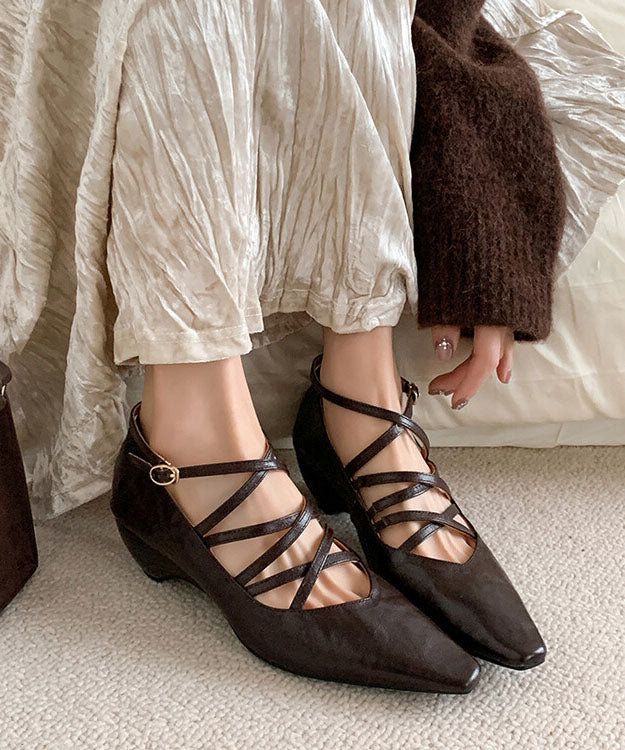 Wedge Heel Shoes Cross Strap Buckle Chocolate Hollow Out