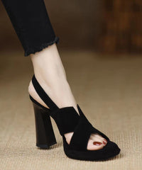 Black Sandals High Heel Sheepskin Splicing Peep Toe Buckle Strap
