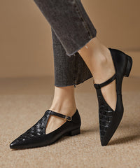 Black Cowhide Leather Hollow Out Flat Feet Shoes Pointed Toe