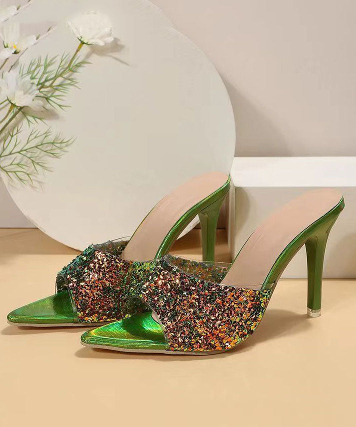 Green Sequins Splicing Stiletto High Heels Slide Sandals