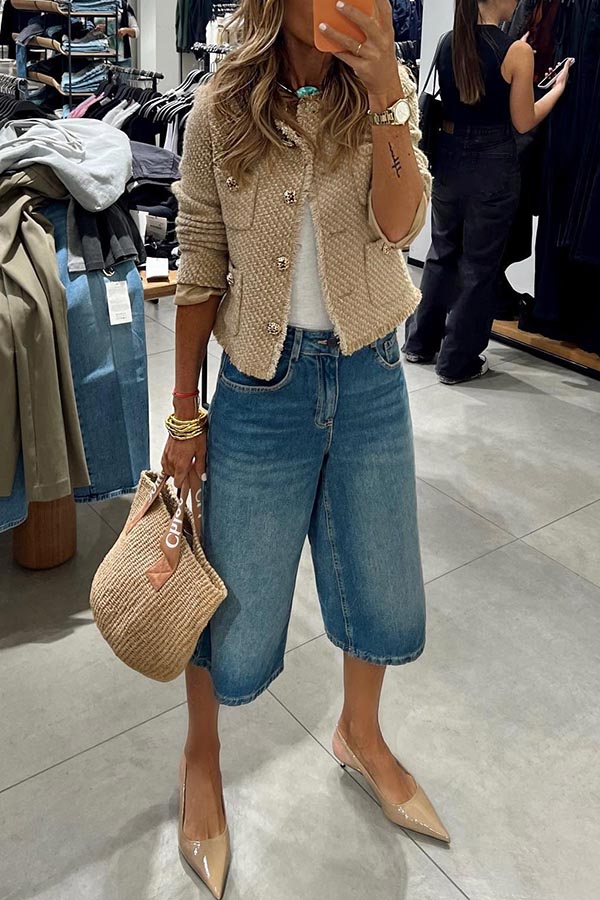 Terminally Denim Pocket Wide Leg Bermudas Jeans