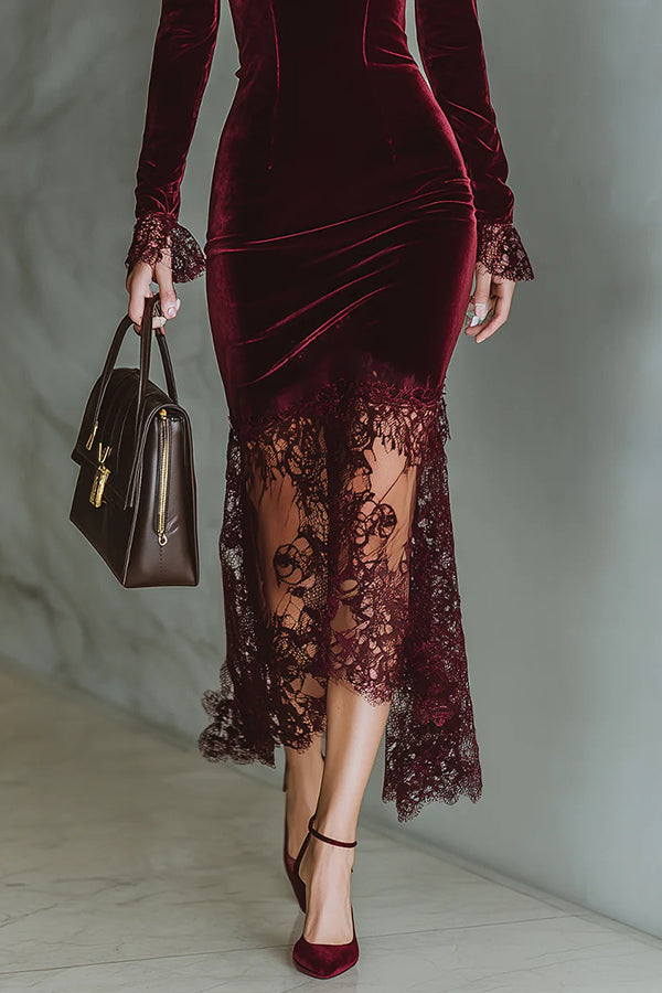 Velvet and Lace Patchwork Square Neck Long-sleeved Maxi Dress