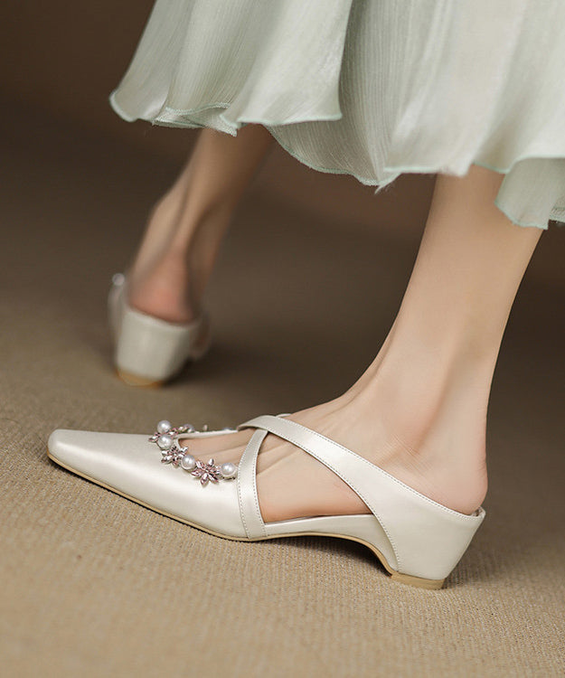 Pink Wedge Sheepskin Elegant Splicing Slide Sandals Zircon Nail Bead