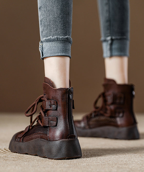 Chocolate Lace Up Splicing Platform Breathable Hollow Out Boots