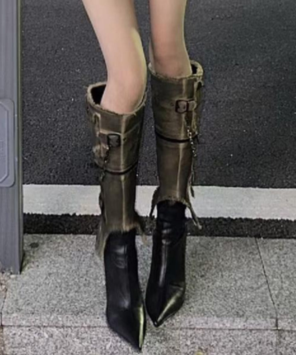 Faux Leather Black Splicing High Heels Boots Pointed Toe