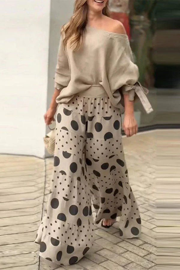 Tie-cuff Loose Top and Polka Dot Print Pocket Wide Leg Pants Set
