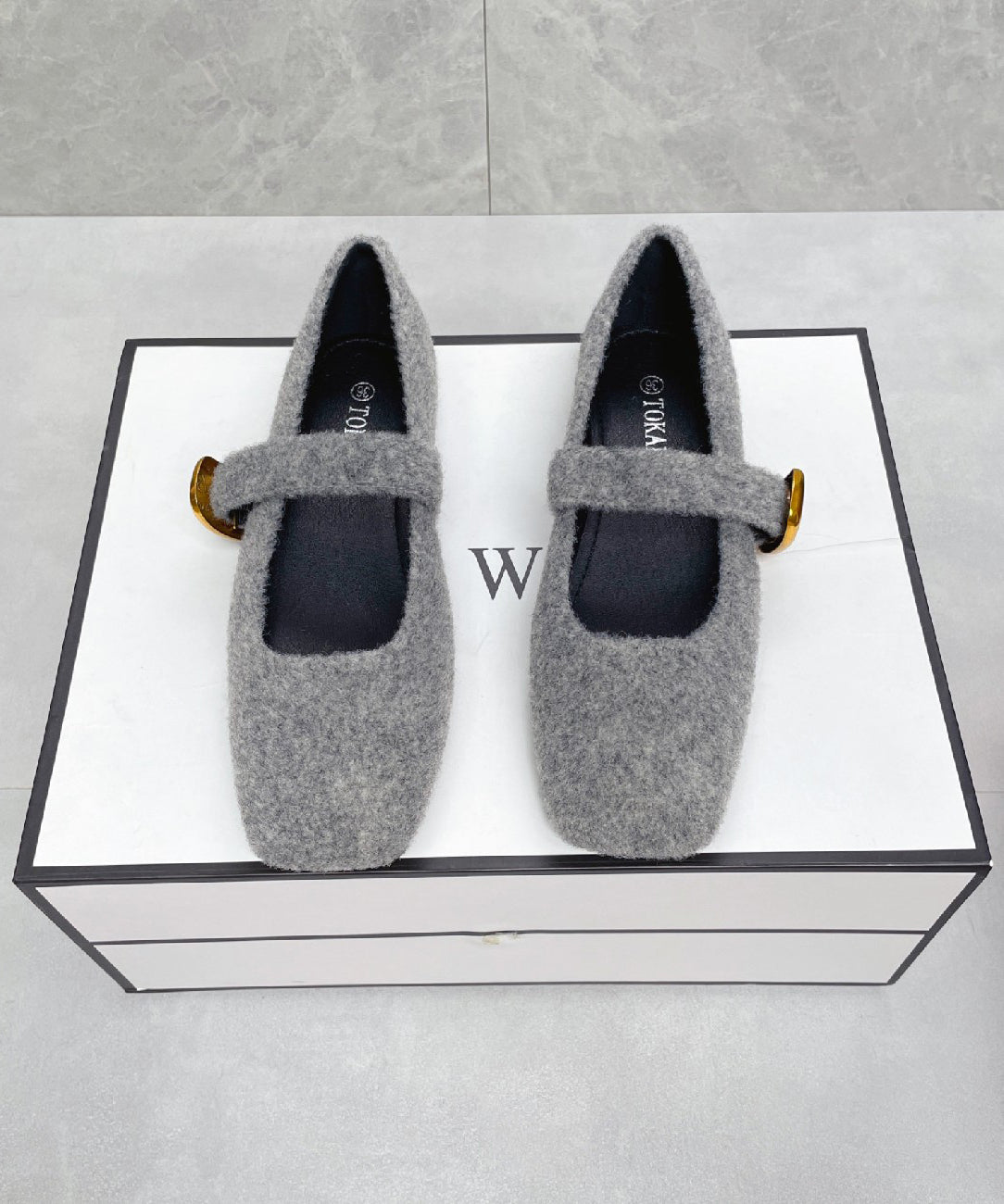 French Grey Fuzzy Fur Fluffy Soft Splicing Flat Feet Shoes Buckle Strap