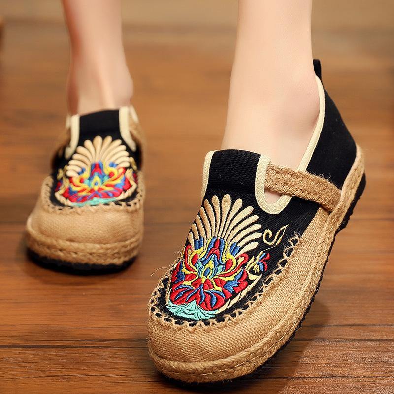 Flats Black Embroideried Cotton Fabric Flats Shoes