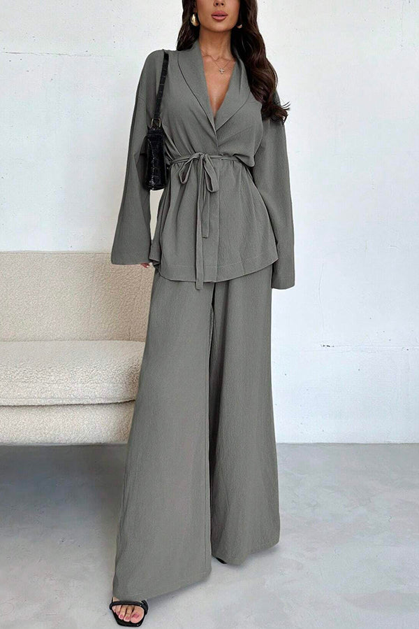 Solid Color Collared Long-sleeved Tie-waist Loose Top and Elastic Waist Casual Wide-leg Pants Set